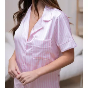 Pijama Feminino Americano Curto Cetim Listrado Rosa