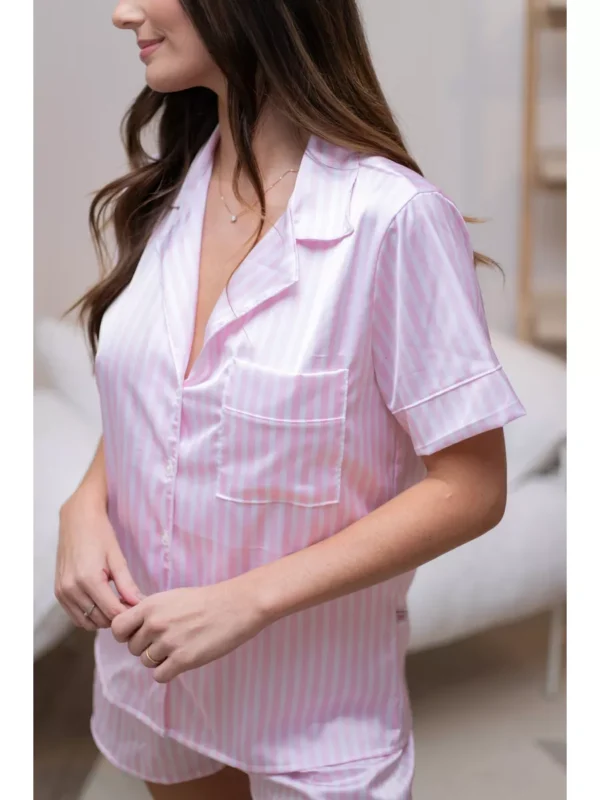 Pijama Feminino Americano Curto Cetim Listrado Rosa