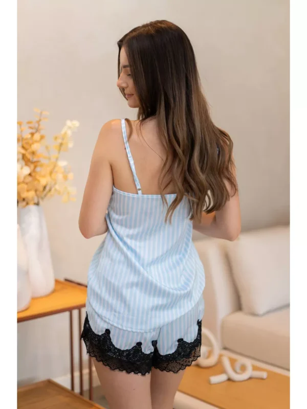 Short Doll Cetim Com Renda Listrado Azul - Imagem 5