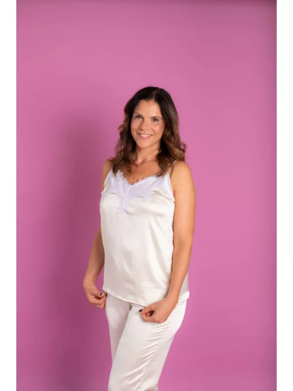 Pijama Feminino Meia Estação Cetim Regata e Calça Bege