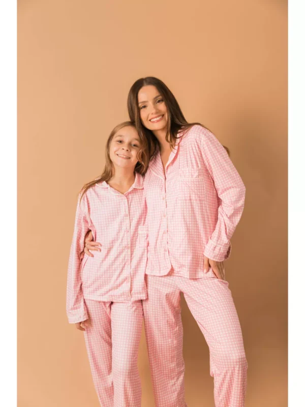 Pijama Feminino Americano Longo Xadrez Branco e Rosa - Imagem 7