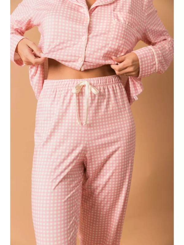 Pijama Feminino Americano Longo Xadrez Branco e Rosa - Imagem 6