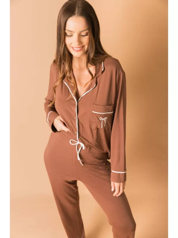 Pijama Feminino Americano Longo Viscose Marrom - Imagem 2