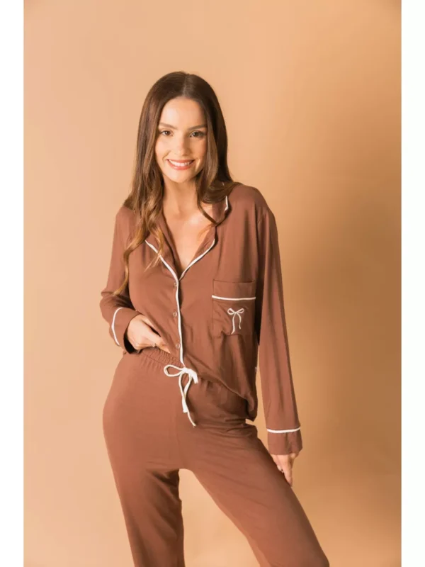 Pijama Feminino Americano Longo Viscose Marrom - Imagem 3