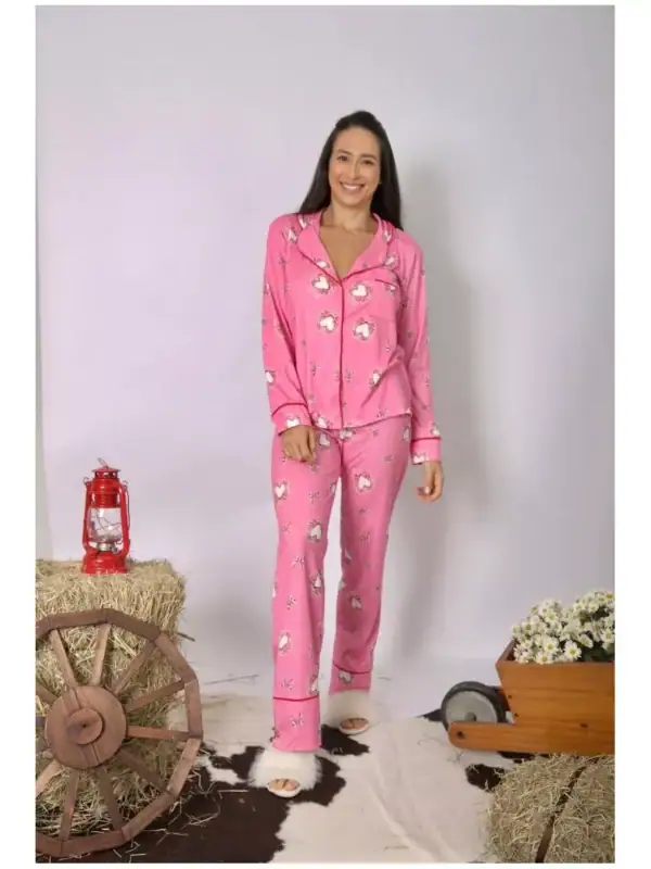 Pijama Feminino Americano Longo Rosa Corações