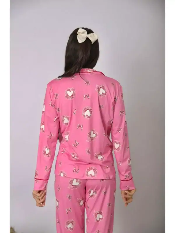 Pijama Feminino Americano Longo Rosa Corações - Imagem 3