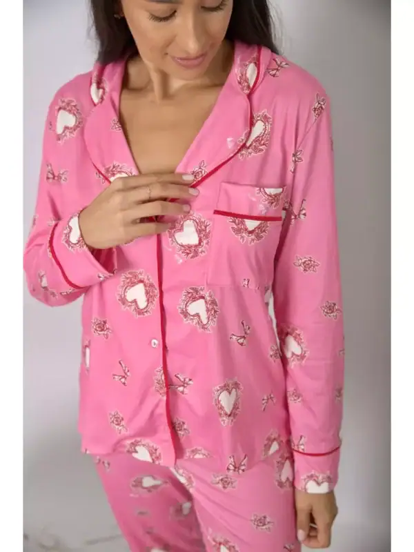 Pijama Feminino Americano Longo Rosa Corações - Imagem 2