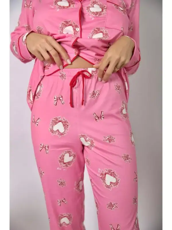 Pijama Feminino Americano Longo Rosa Corações - Imagem 4
