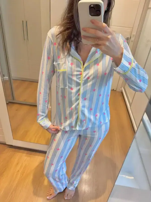 Pijama Feminino Americano Longo Listrado Estrelas