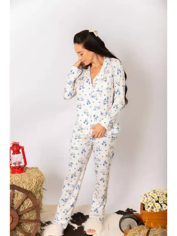 Pijama Feminino Americano Longo Cavalos Estrelas - Imagem 3
