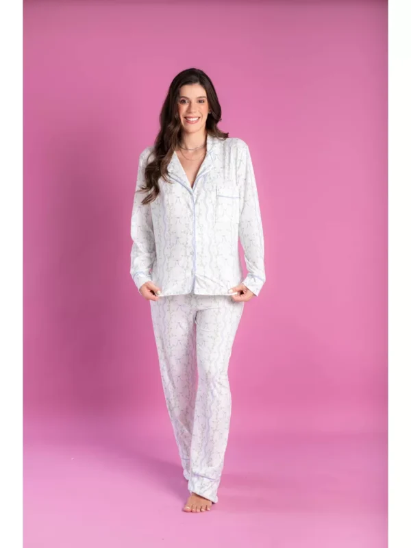 Pijama Feminino Americano Longo Laços e Flores - Imagem 4